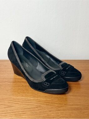 Tod's Black Suede Wedge Penny Loafer Pumps